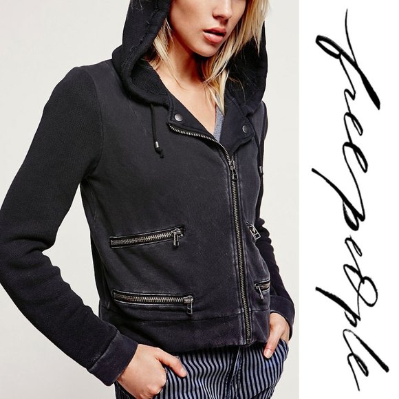 Free People Jackets & Blazers - Free People Black Distress Wash Knit Double Zip